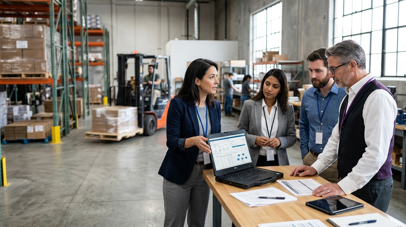Illustrative operations team reviewing a laptop and documents in a warehouse.
